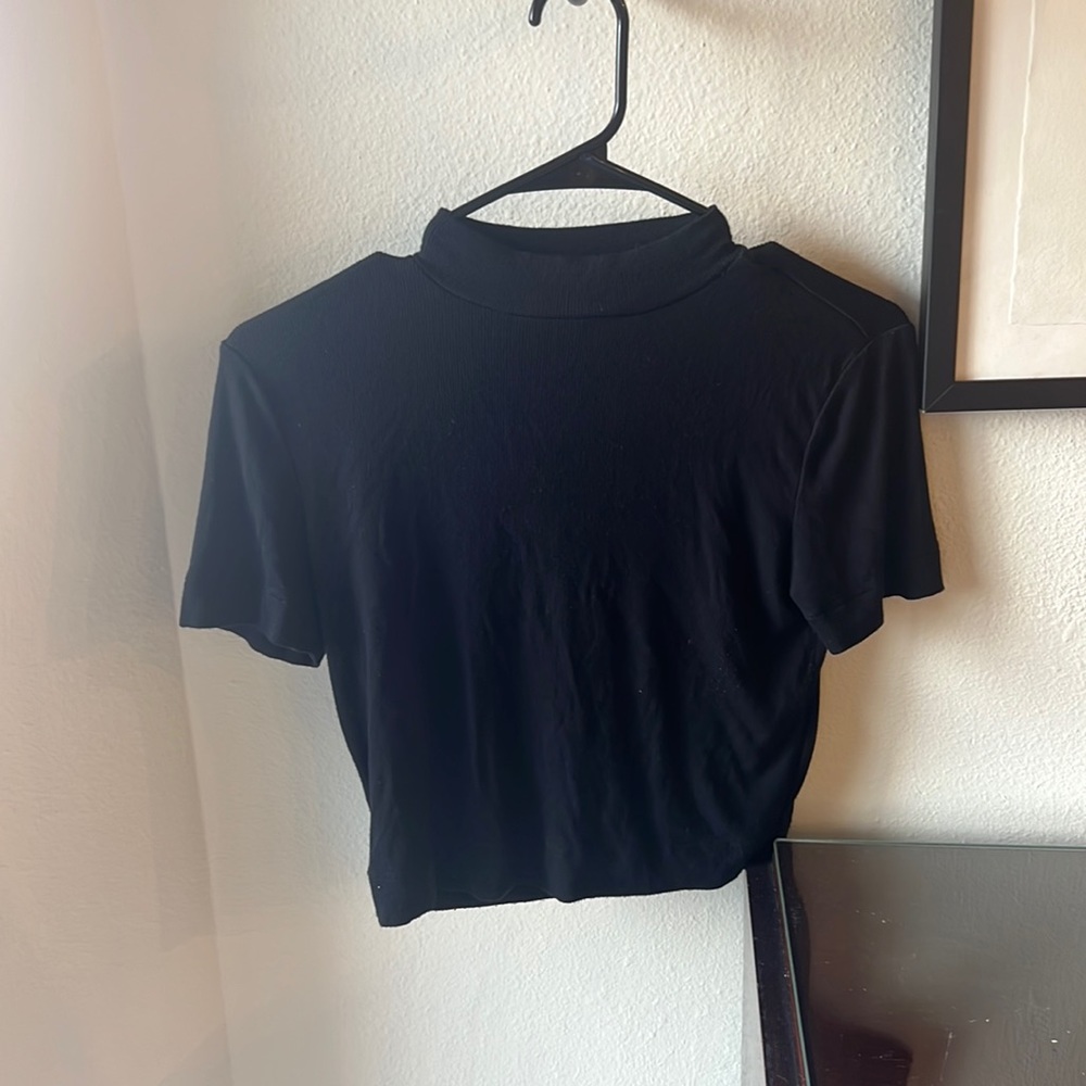Aritzia Babaton Ribbed Knit Mock Neck Cropped Shirt